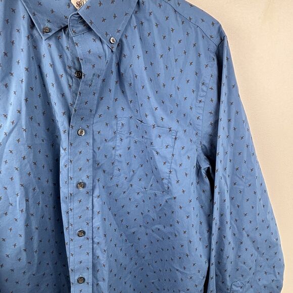 Blake Shelton Lands End Dress Shirt Mens Medium 15-15.5 Button Blue Geese Print - Picture 8 of 11